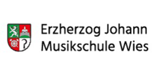 Logo, vorne ein Wappen in grün-rot-weiß und dann der Schriftzug in Schwarz erzherzog johann musikschule Wies