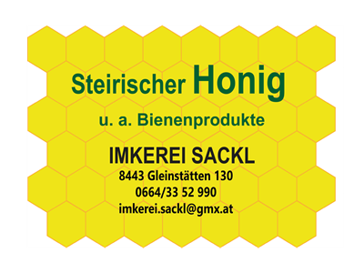 gelbe bienenwaben grüne schrift steirischer HOnig und dann in schwarzer Schrift die Kontaktdaten der Imerkei Sackl